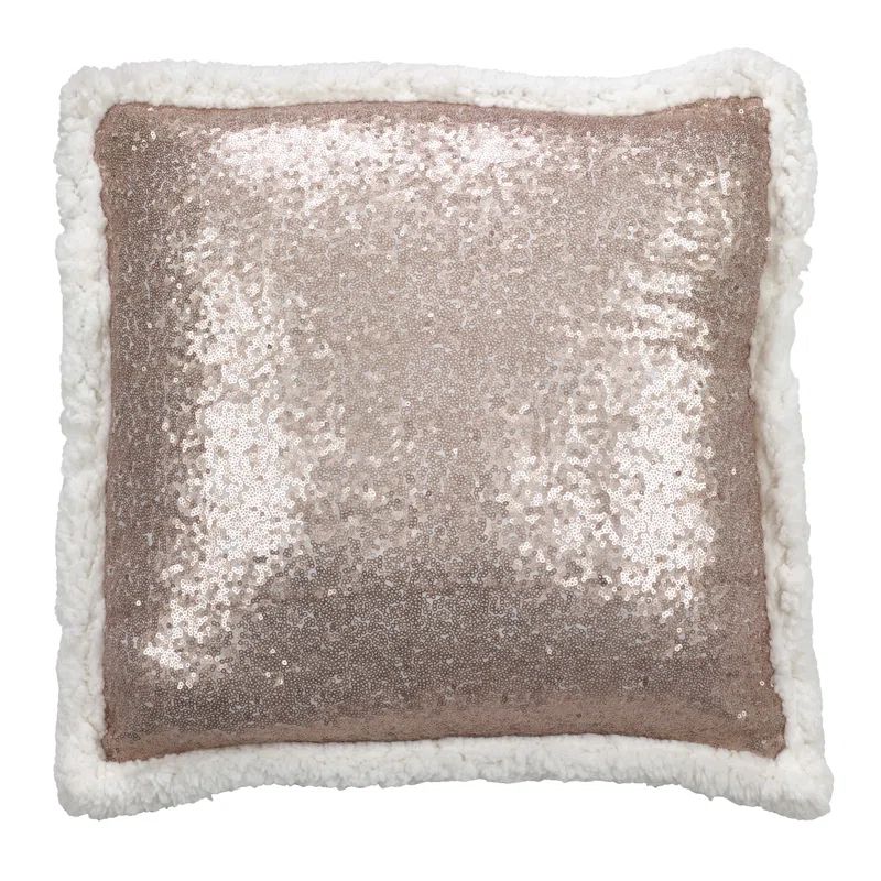 18" Champagne Sequin Sherpa Trim Square Throw Pillow