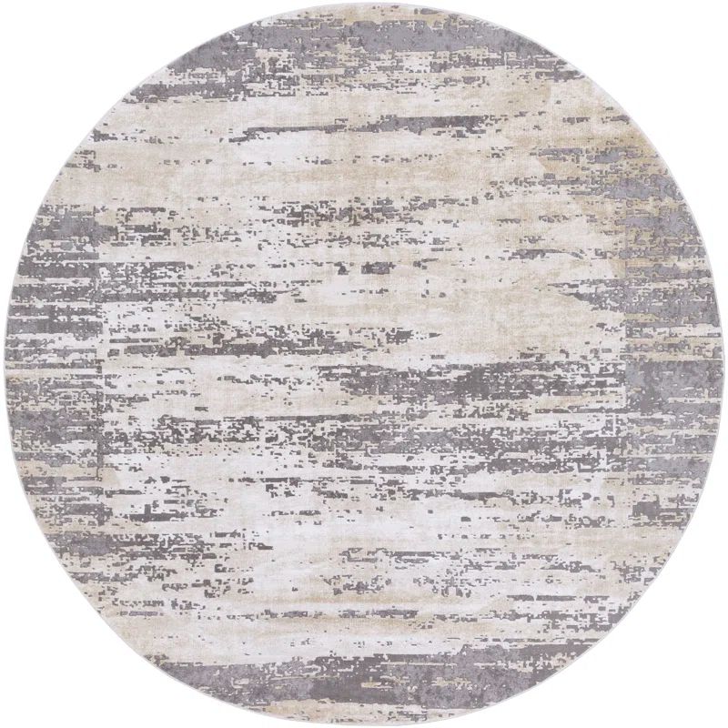 Modern Gray and Beige Round Synthetic Rug, 63 Inches