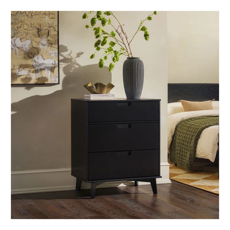Black Solid Wood Mid-Century Modern 3-Drawer Dresser