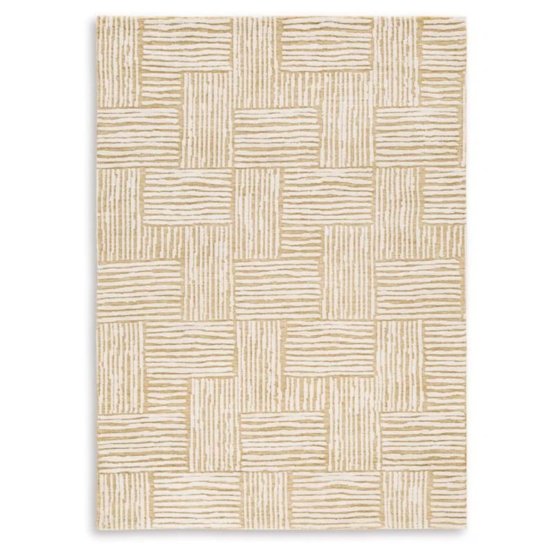 Handmade Beige Rectangular Basket Weave Synthetic Rug 5' x 7'