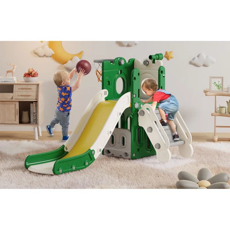 Green and Yellow L-Shaped 7-in-1 Toddler Slide with Basketball Hoop