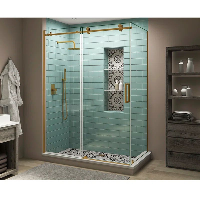 Coraline XL 48" Frameless Clear Glass Sliding Shower Enclosure in Brushed Gold