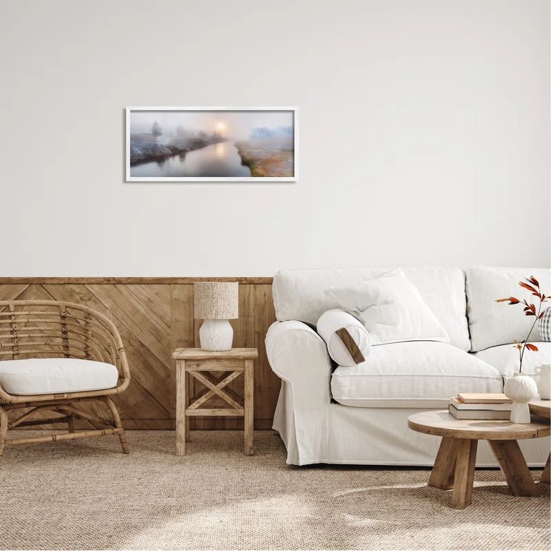 Foggy River at Dawn White Framed Canvas Print, 30 x 13