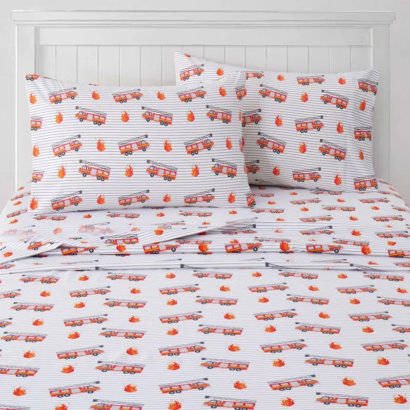 Fire Truck Print Microfiber Kids' Full Sheet Set