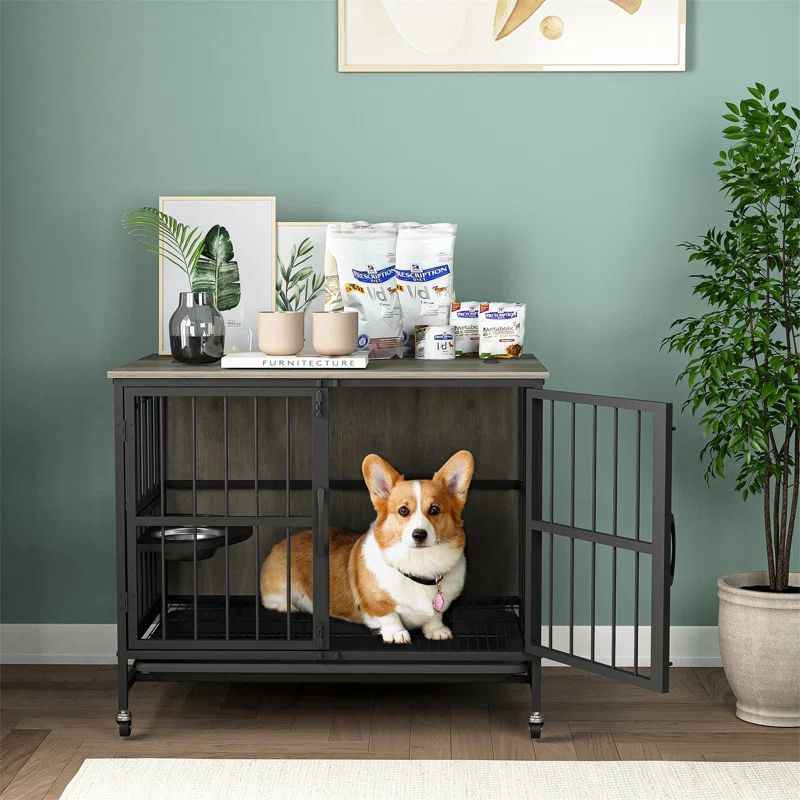 Antique Gray Rolling Dog Kennel with Lift Panel and Feeding Bowls