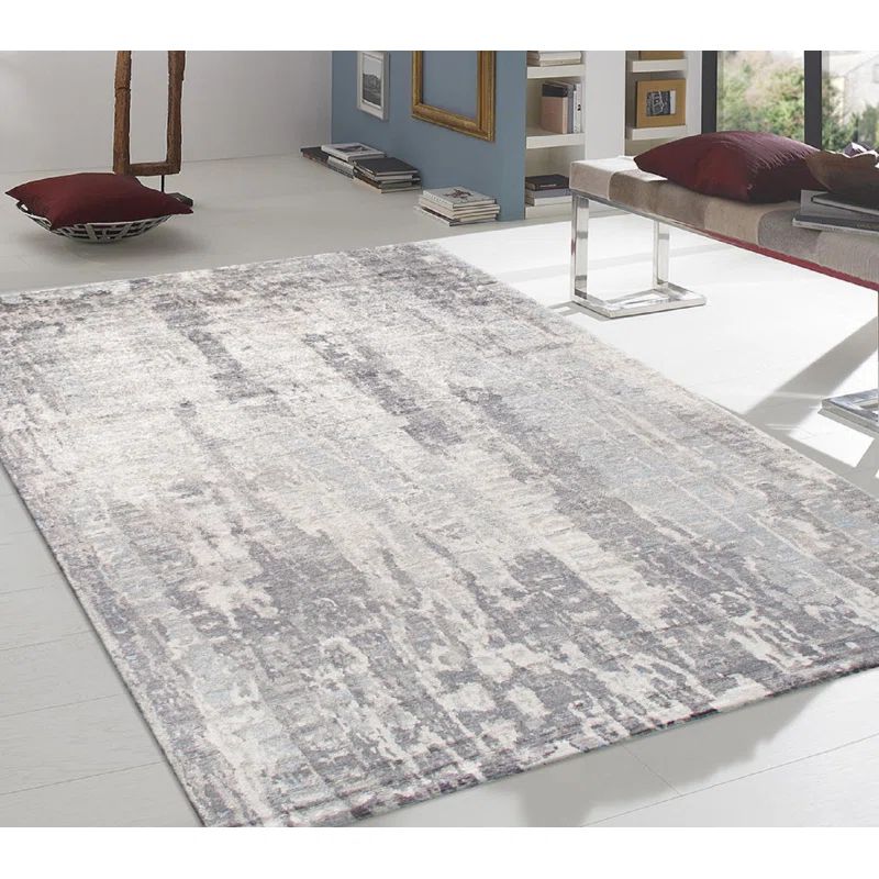 Gray and Off-White Hand-Knotted Wool and Silk 9' x 12' Abstract Rug