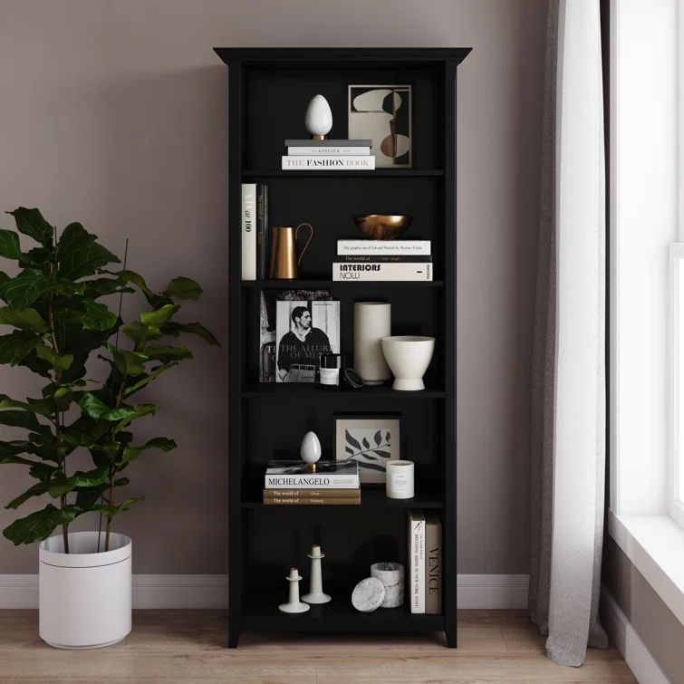 Amherst Adjustable 70'' Solid Wood 5-Shelf Bookcase in Black