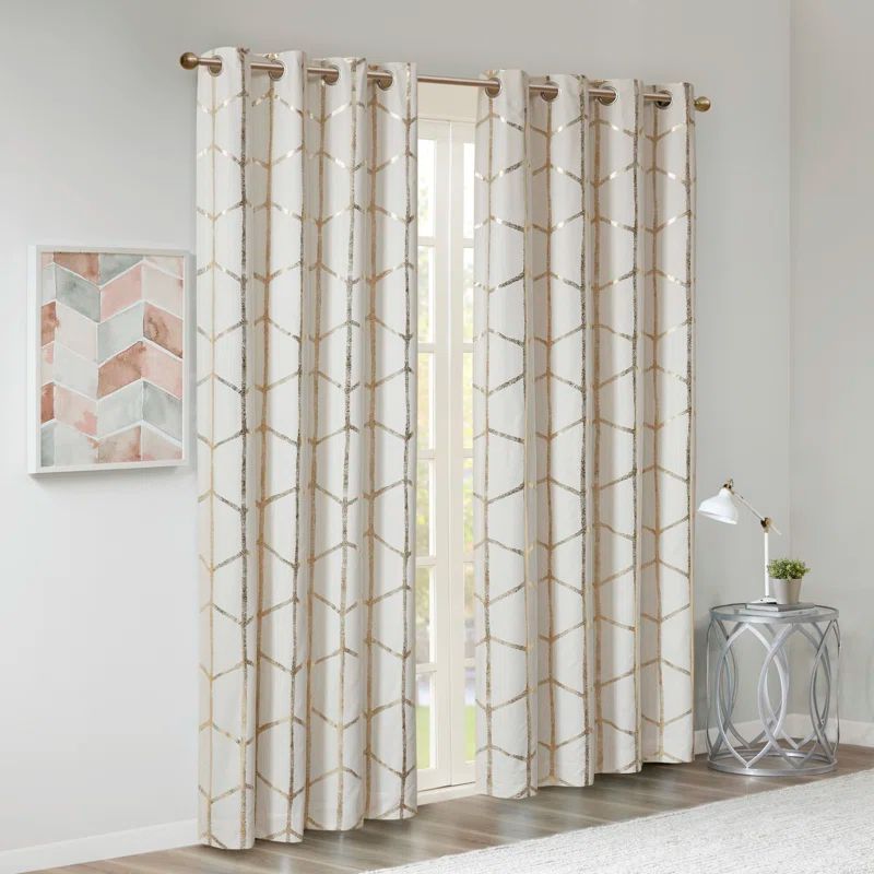 Ivory and Gold Geometric Blackout Grommet Curtains, 50"x84" Set of 2