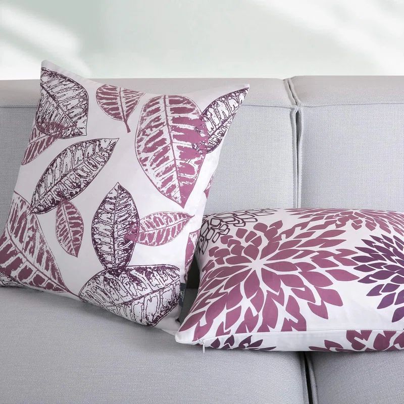 Set of 4 Purple and White Polyester Square Throw Pillows
