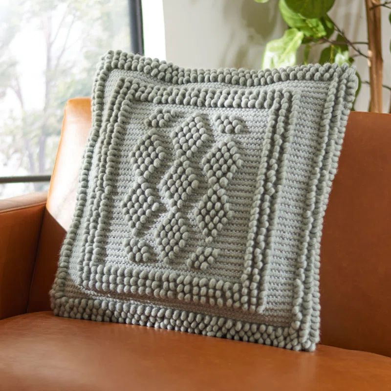 Seafoam Embroidered Wool Blend Reversible Throw Pillow