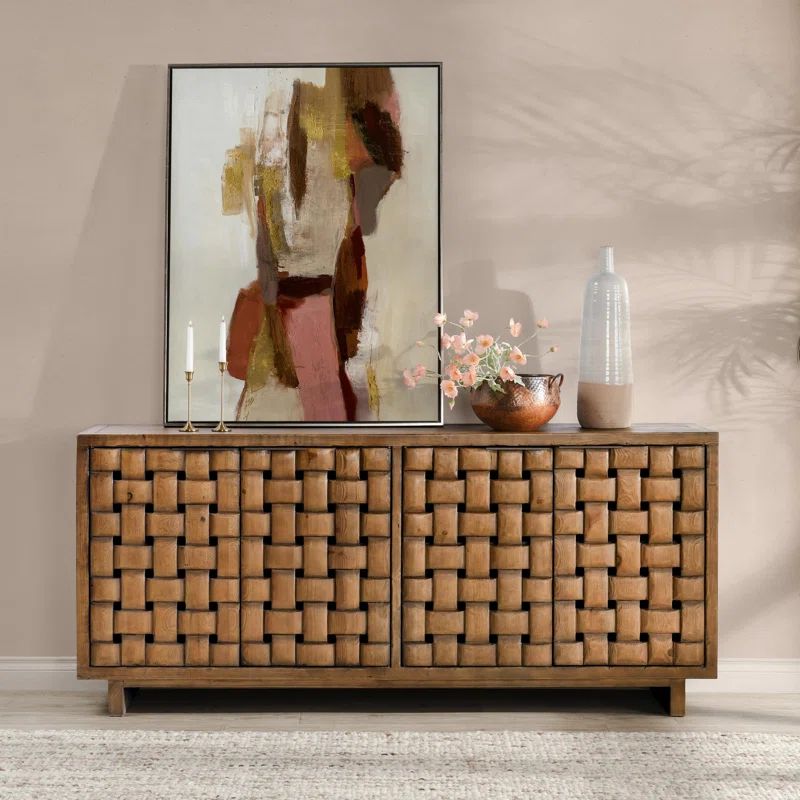 Brown Reclaimed Pine Wood Basket Weave Buffet Sideboard
