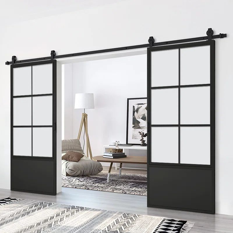 74" x 84" Matte Black Steel Frame Clear Glass Barn Door Kit