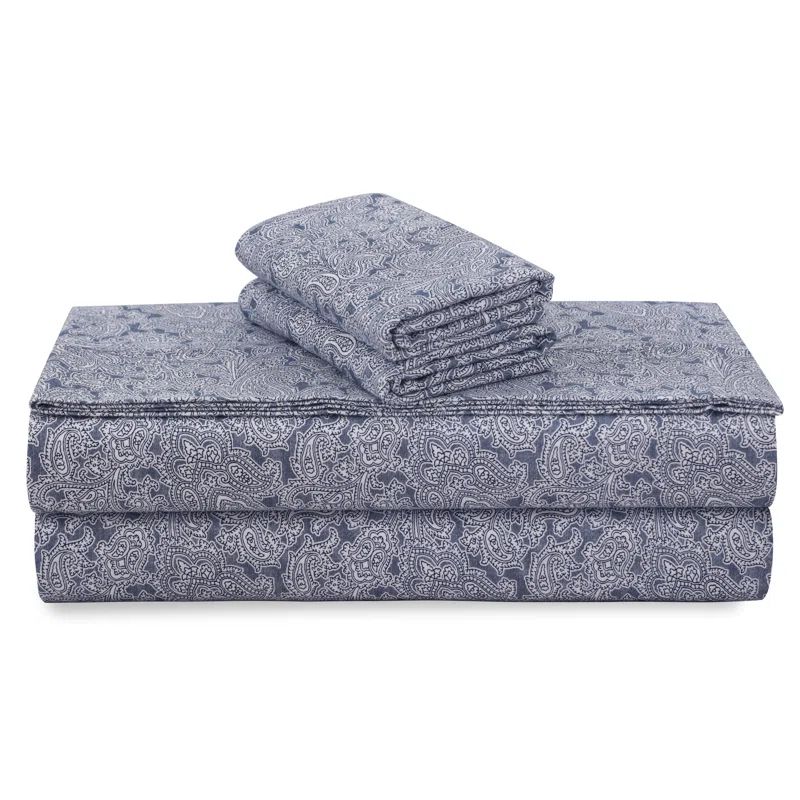 Queen Ludovica Paisley Blue Cotton Flannel Deep Pocket Sheet Set