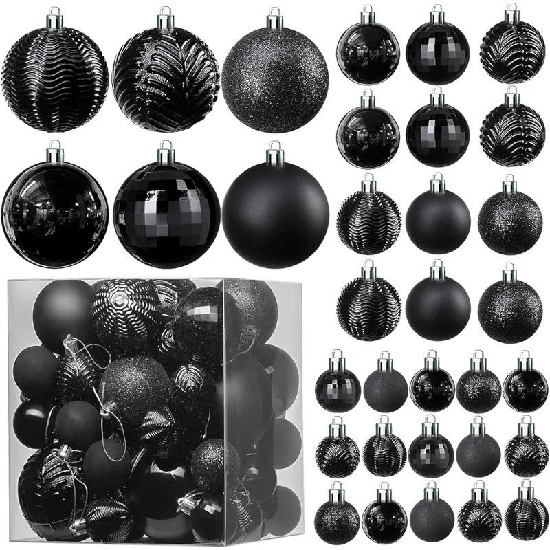 36-Piece Black Shatterproof Plastic Christmas Ornament Set