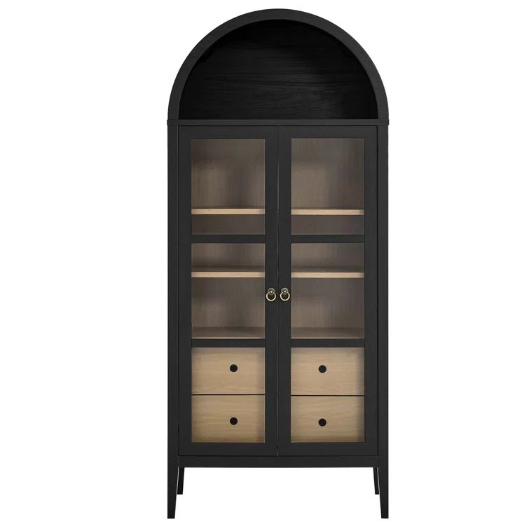 Black and Oak Tall Arched China Cabinet with Glass Doors