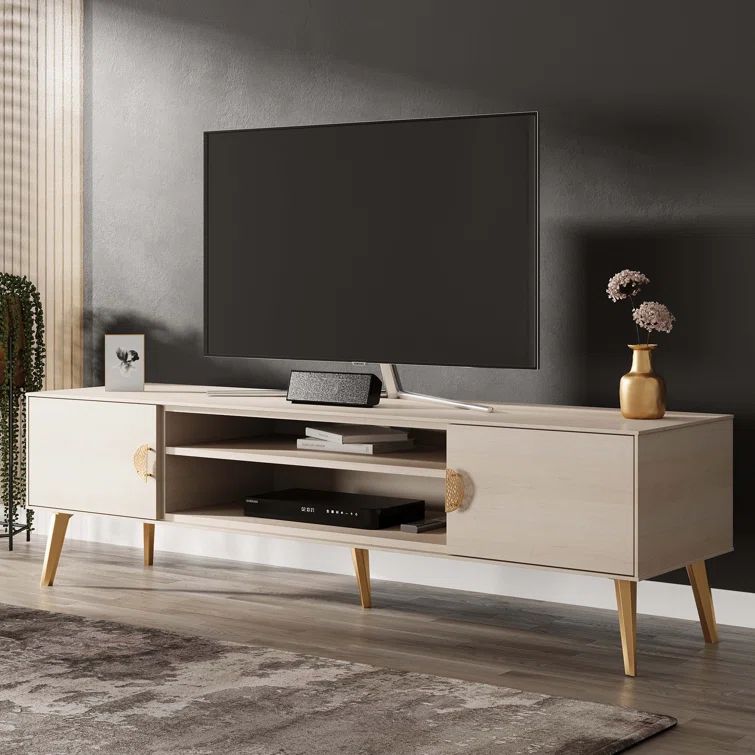 Haley 70.9" White Mid-Century Modern TV Stand with Cabinet