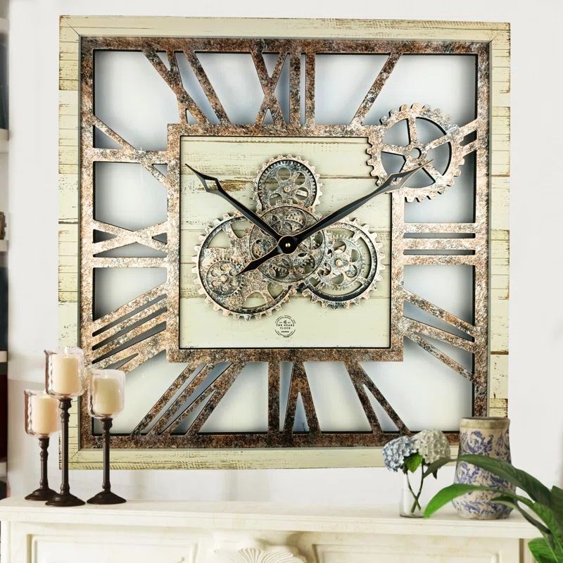 24'' Desert Beige Square Wall Clock with Real Moving Gears
