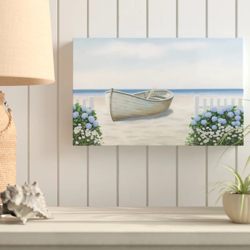 Beach Days Landscape Canvas Art with Boat and Flowers