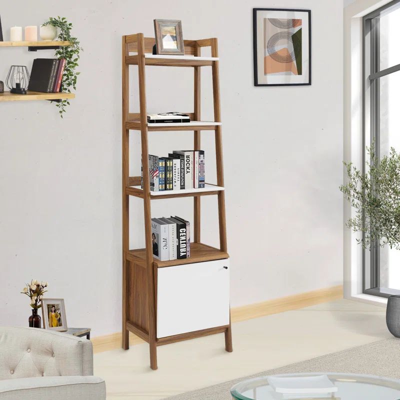 Walnut White 71" Tall Ladder Bookshelf with Concealed Storage