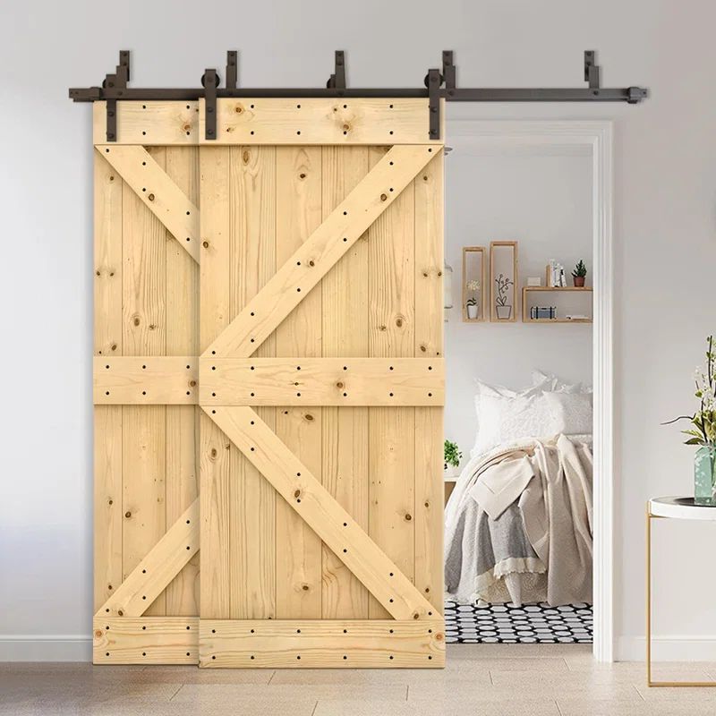 84" Knotty Pine Double Bypass Barn Door with Oil-Rubbed Bronze Hardware