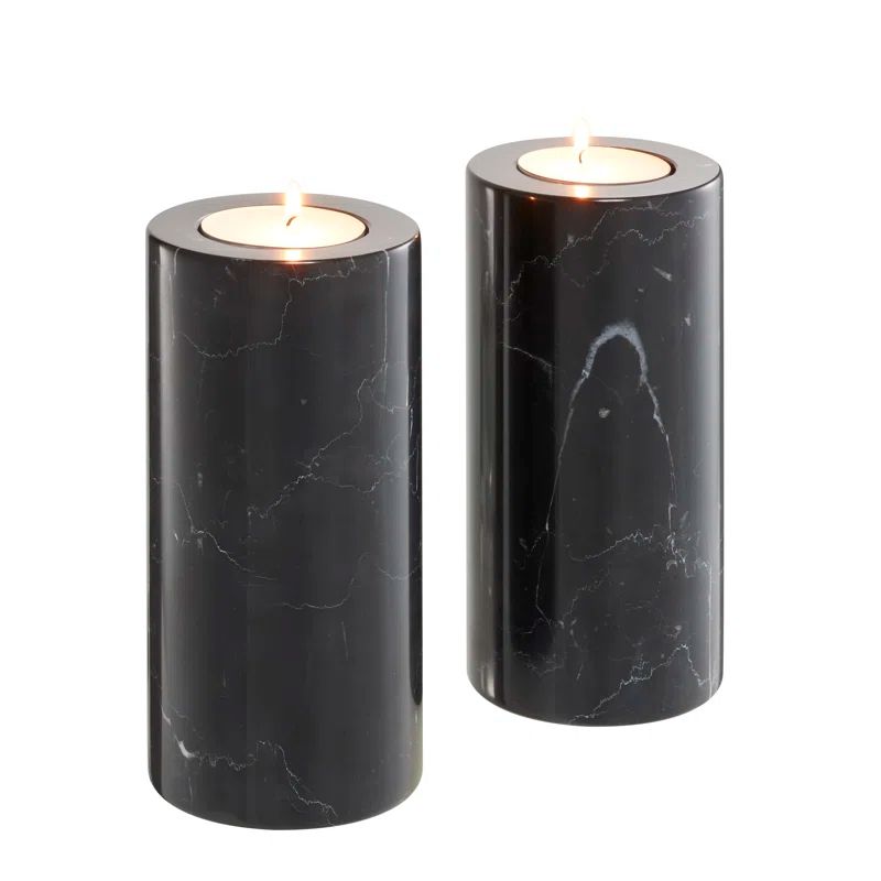 Elegant Black Marble Tealight Holders with White Veins - 8" H