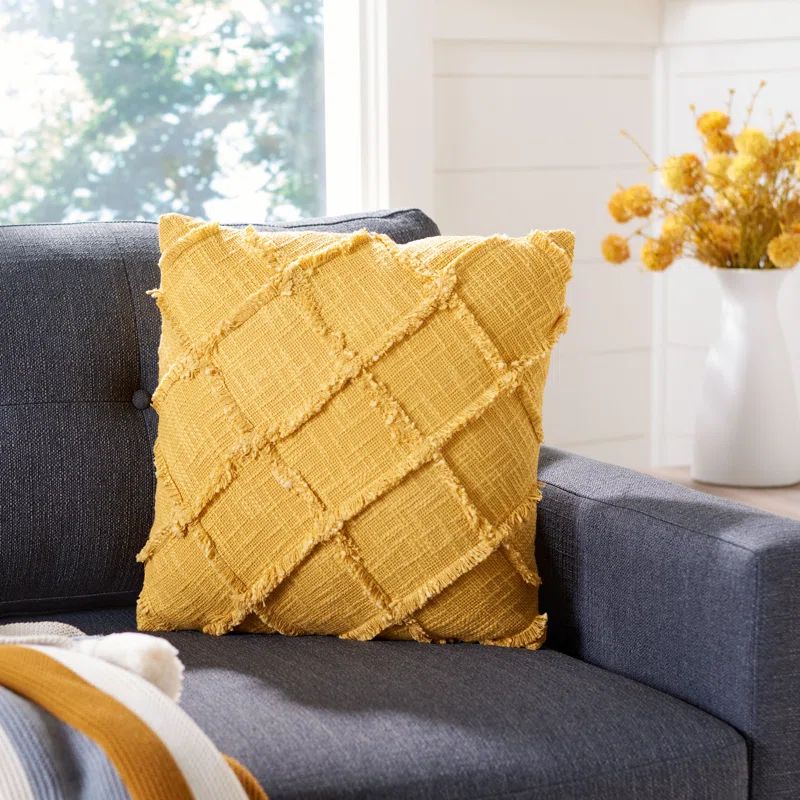 Ashlin Yellow Cotton Fringed 18" Square Pillow