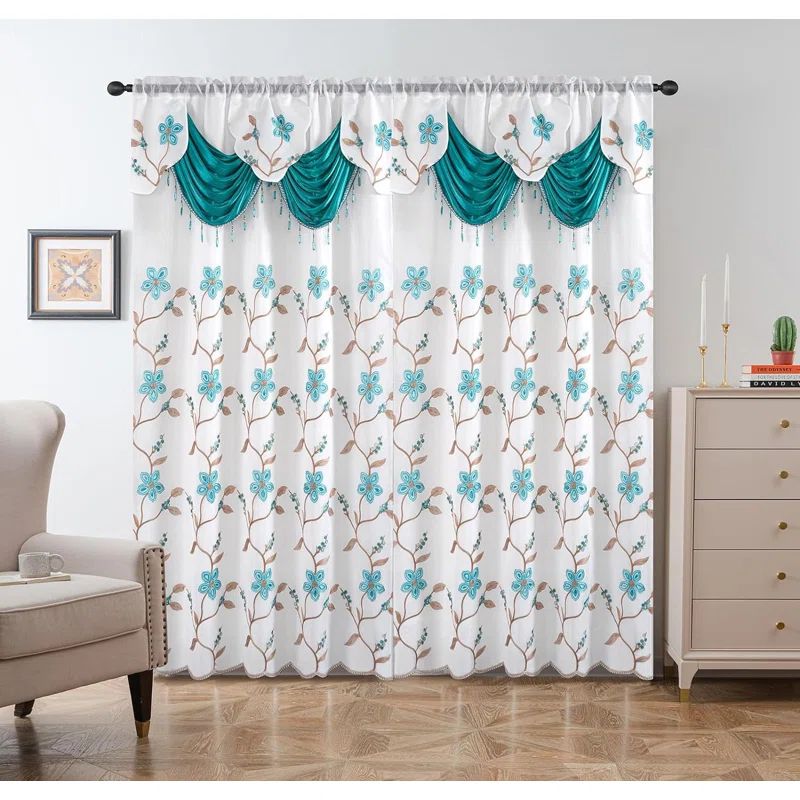 Turquoise Embroidered Polyester Window Panel Set with Valance