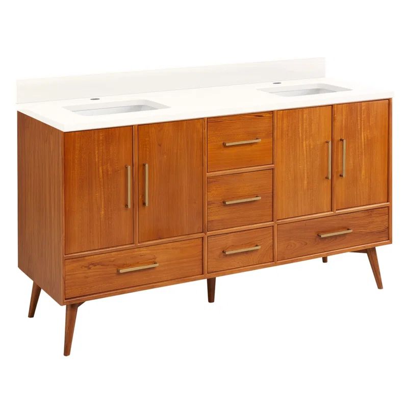 60" Natural Teak Double Vanity with Arctic White Quartz Top