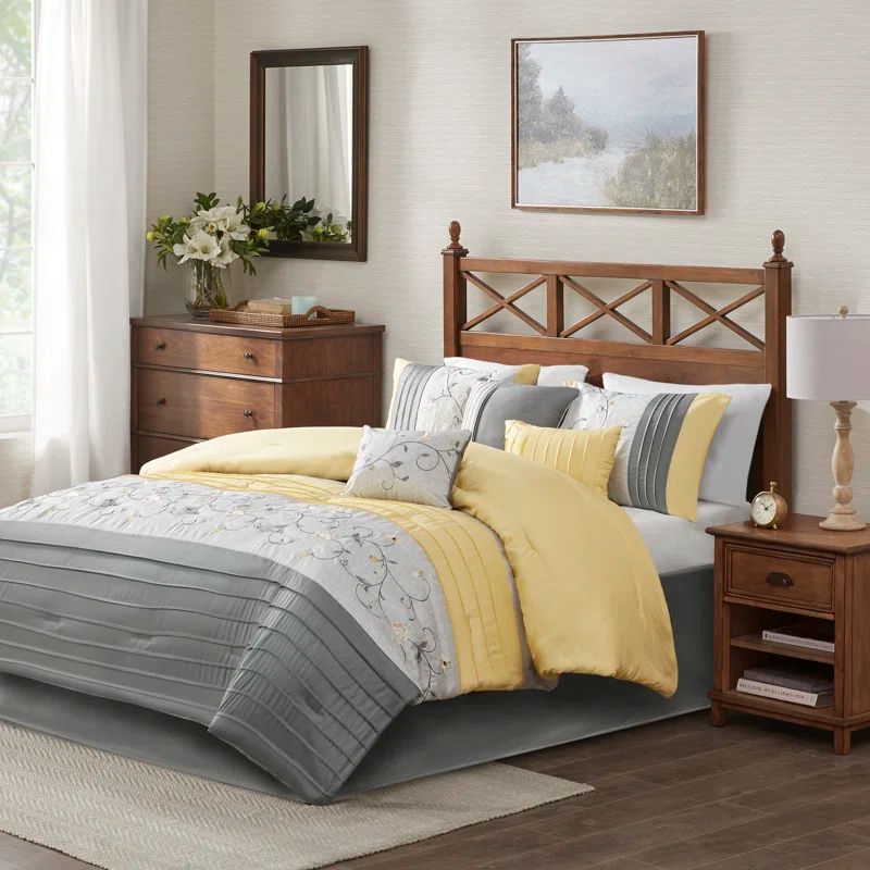 California King Yellow Faux Silk 7 Piece Bedspread Set