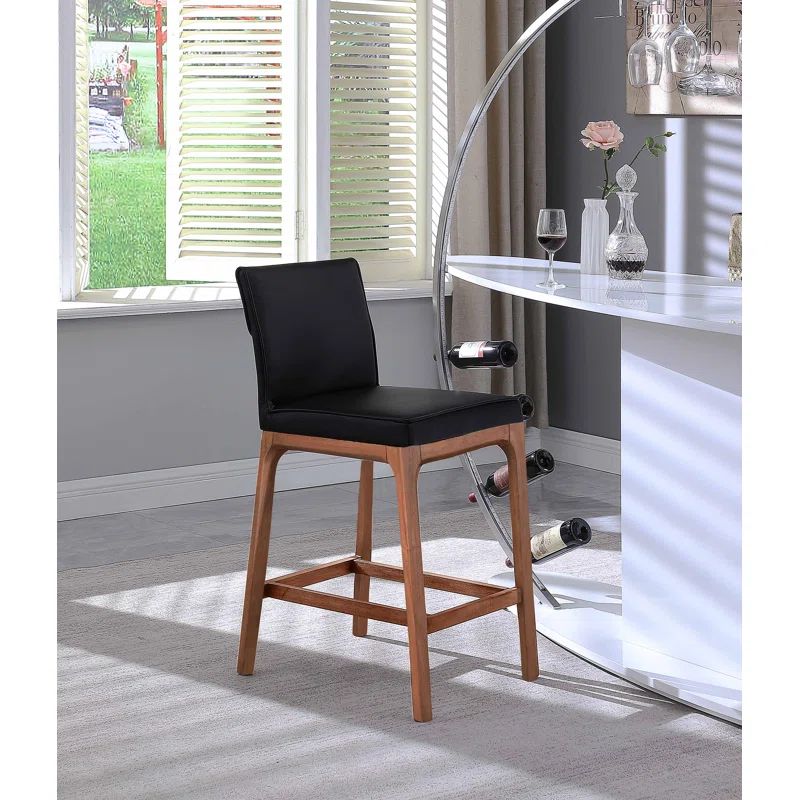 Emma Modern Black Faux Leather Counter Stool with Walnut Base