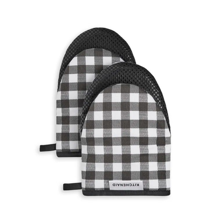 Onyx Black Gingham Silicone Oven Mitts, 2-Piece Set
