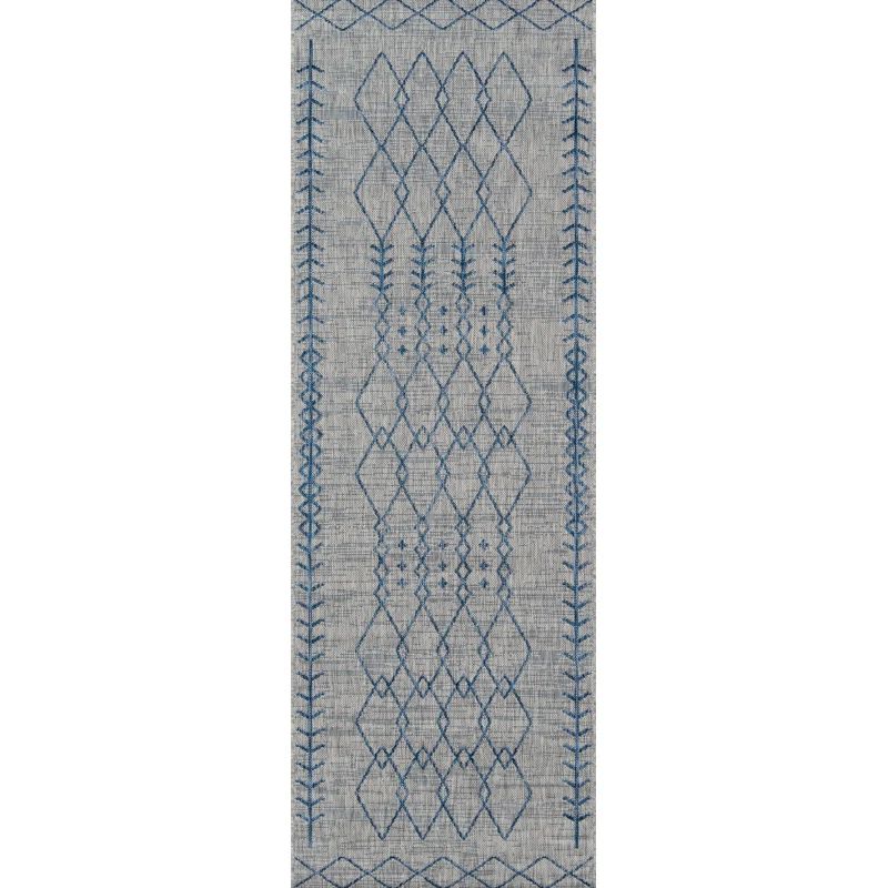 Gray and Blue Geometric Washable Runner Rug, 2' x 10'
