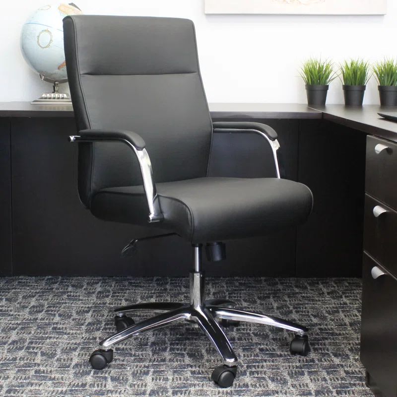 Ergonomic Executive Swivel Office Chair with Fixed Arms in Black Leather and Vinyl