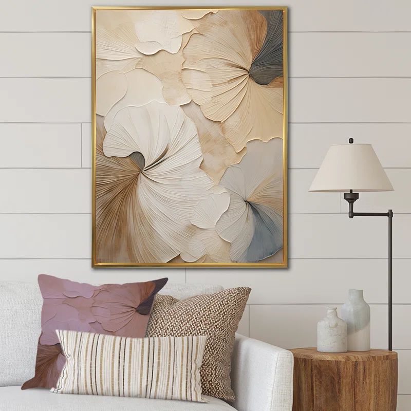 Beige and Gold Framed Minimalist Floral Canvas Print