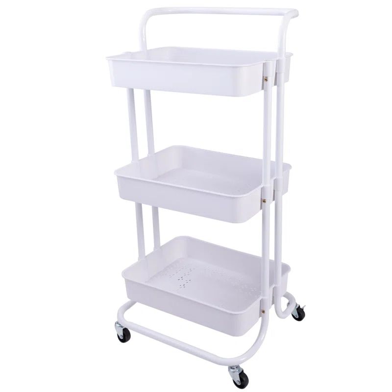 White Metal 3-Tier Rolling Utility Cart with Basket and Wheels