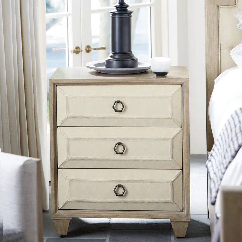 Transitional Beige 3-Drawer Nightstand with Performance Fabric