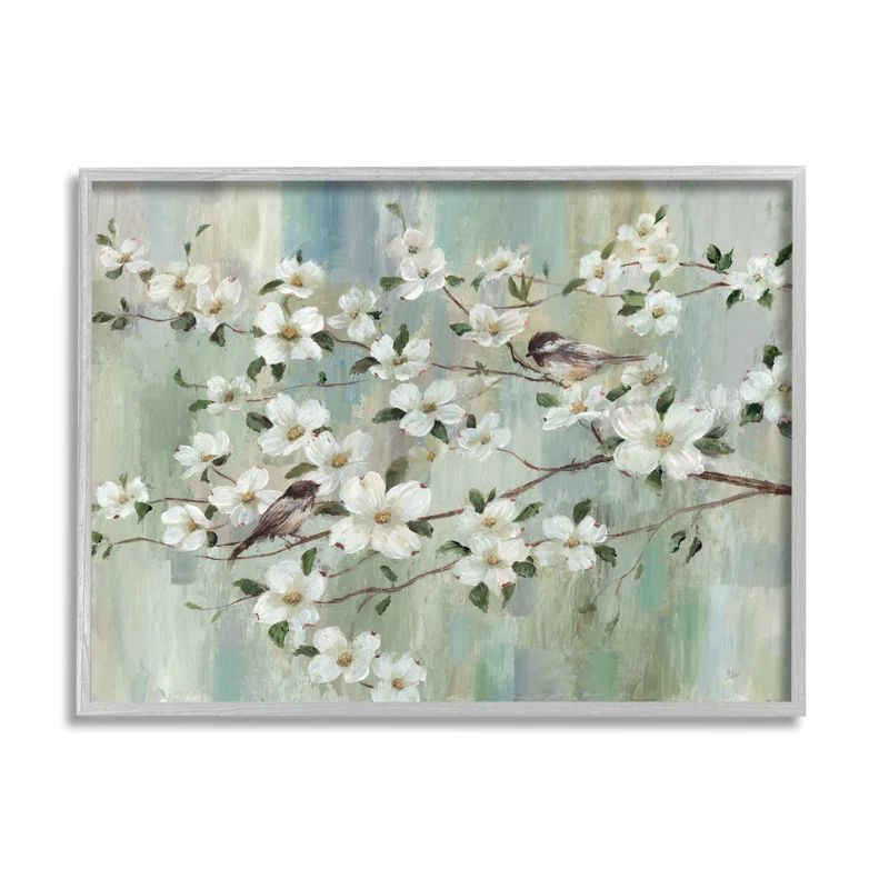Delicate Cherry Blossom Birds Print on Canvas with Gray Frame