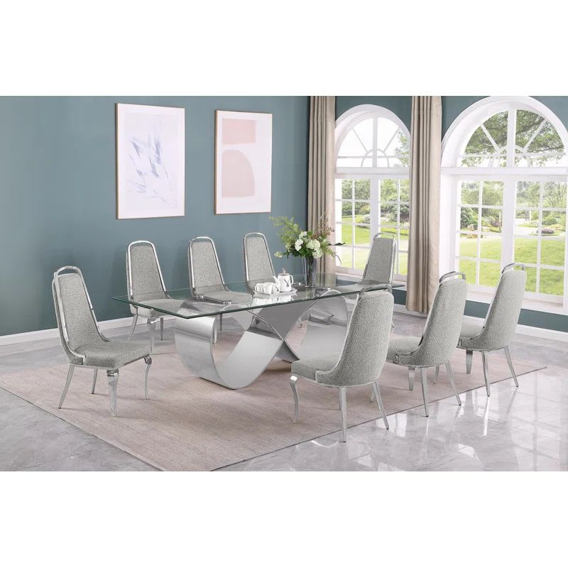 94" Clear Glass Dining Table with Stainless Steel Base and 8 Gray Boucle Fabric Chairs