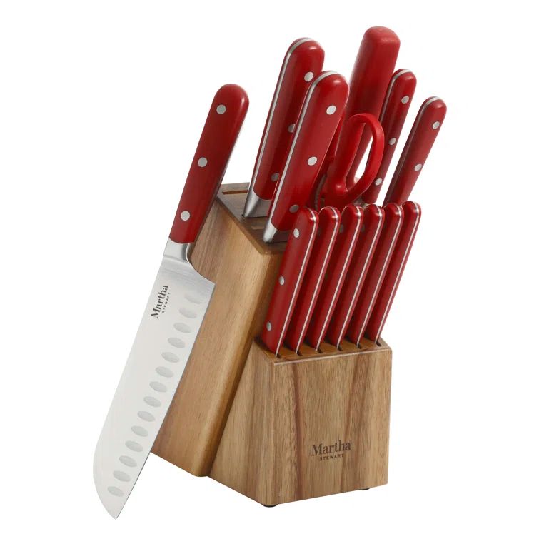 14-Piece Black Stainless Steel Knife Set with Acacia Block
