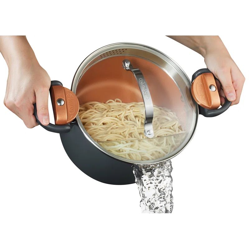 12-Inch Black and Copper Aluminum Pasta Pot with Strainer Lid