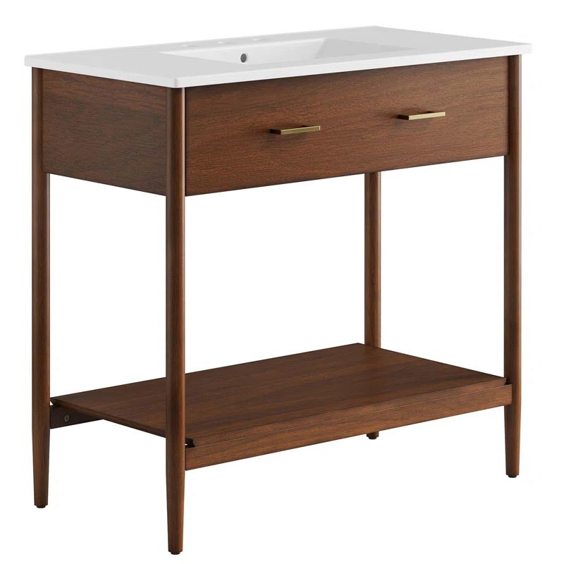 Zaire 36" Walnut White Freestanding Bathroom Vanity with Ceramic Basin