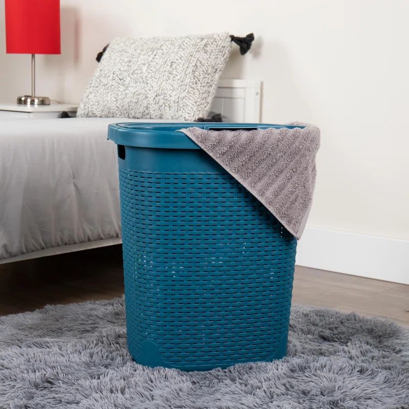 Navy Wicker Design Upright Hamper with Lid for Kids