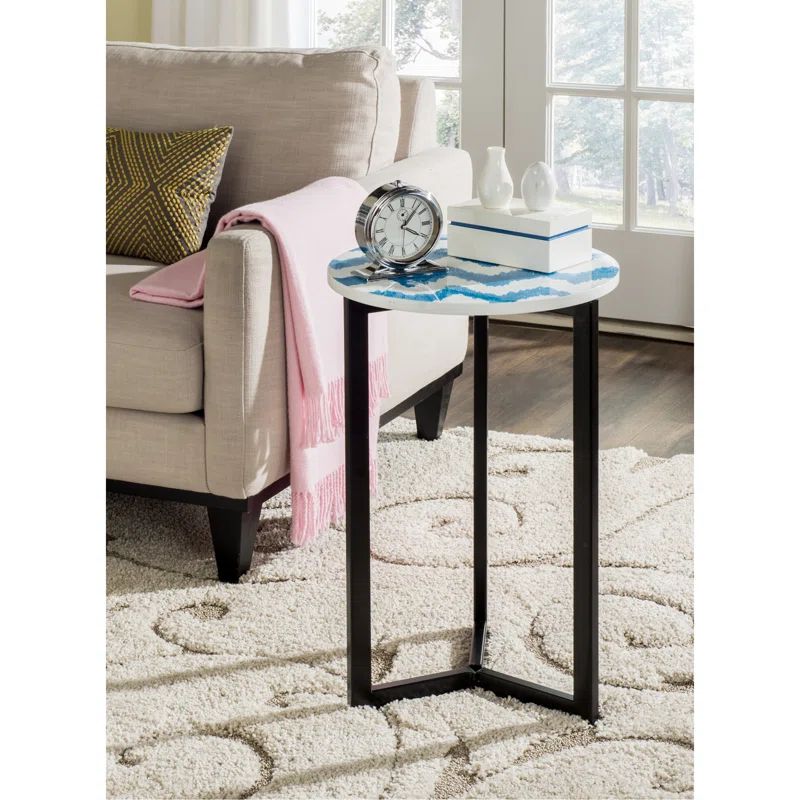 Modern Round Lacquered Metal End Table with Geometric Base