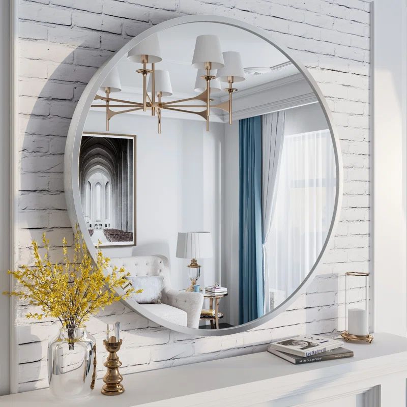 32" Round Silver Aluminum Vanity Mirror with Frosted Frame