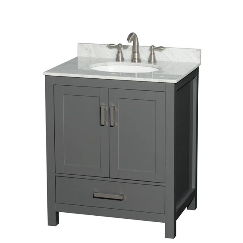 Sheffield 30'' Dark Gray Single Freestanding Bathroom Vanity with White Carrara Marble Top