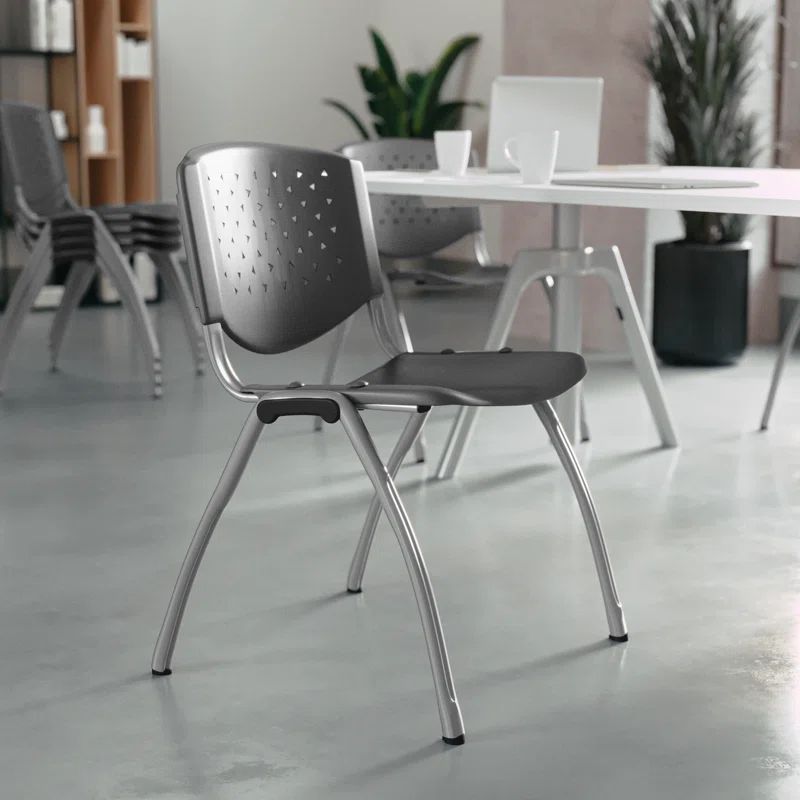 Gray Metal Stacking Chair with Perforated Back
