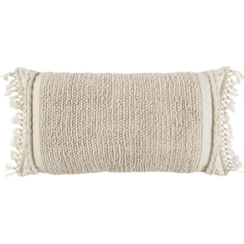 Natural Cotton Rectangular Throw Pillow with Fringe and Braided Accents