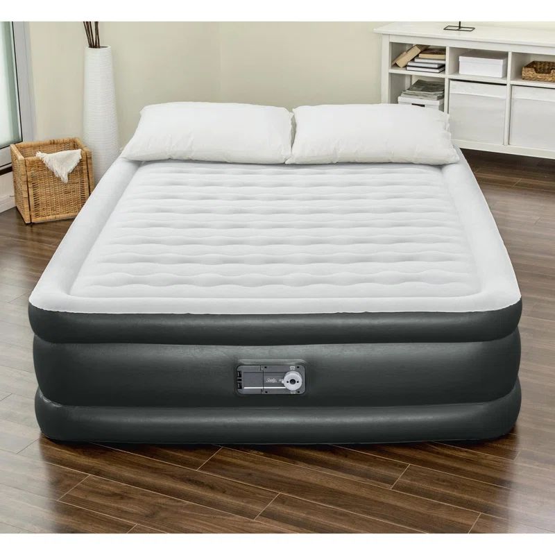 Queen Size Gray and White Raised Inflatable Air Mattress with Built-In Pump