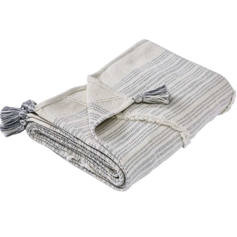Gray Knitted Cotton Reversible Throw Blanket with Tassels