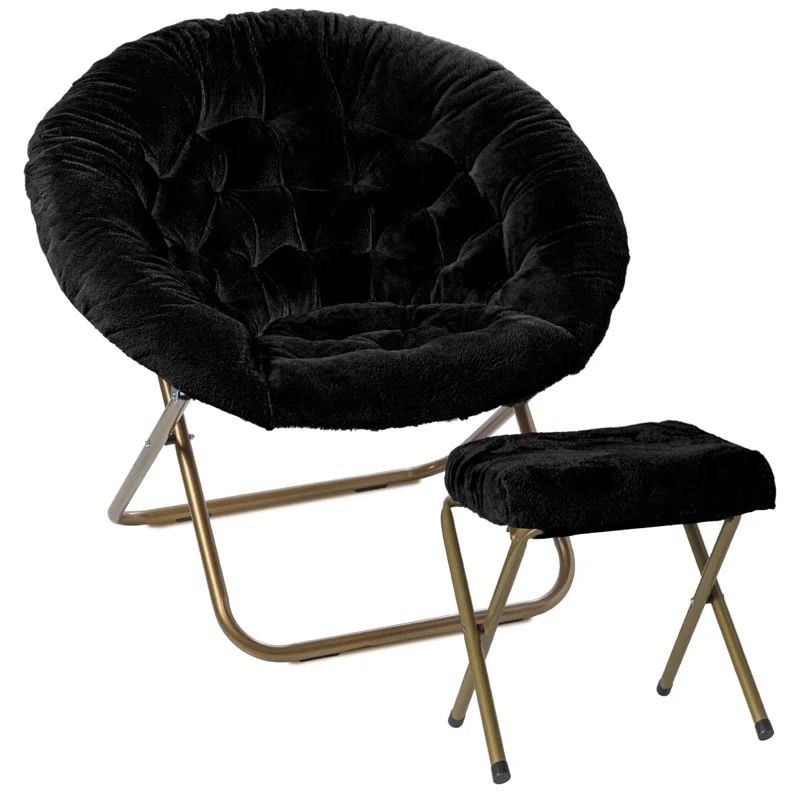 X-Large Black Faux Fur Papasan Chair with Metal Frame and Footrest